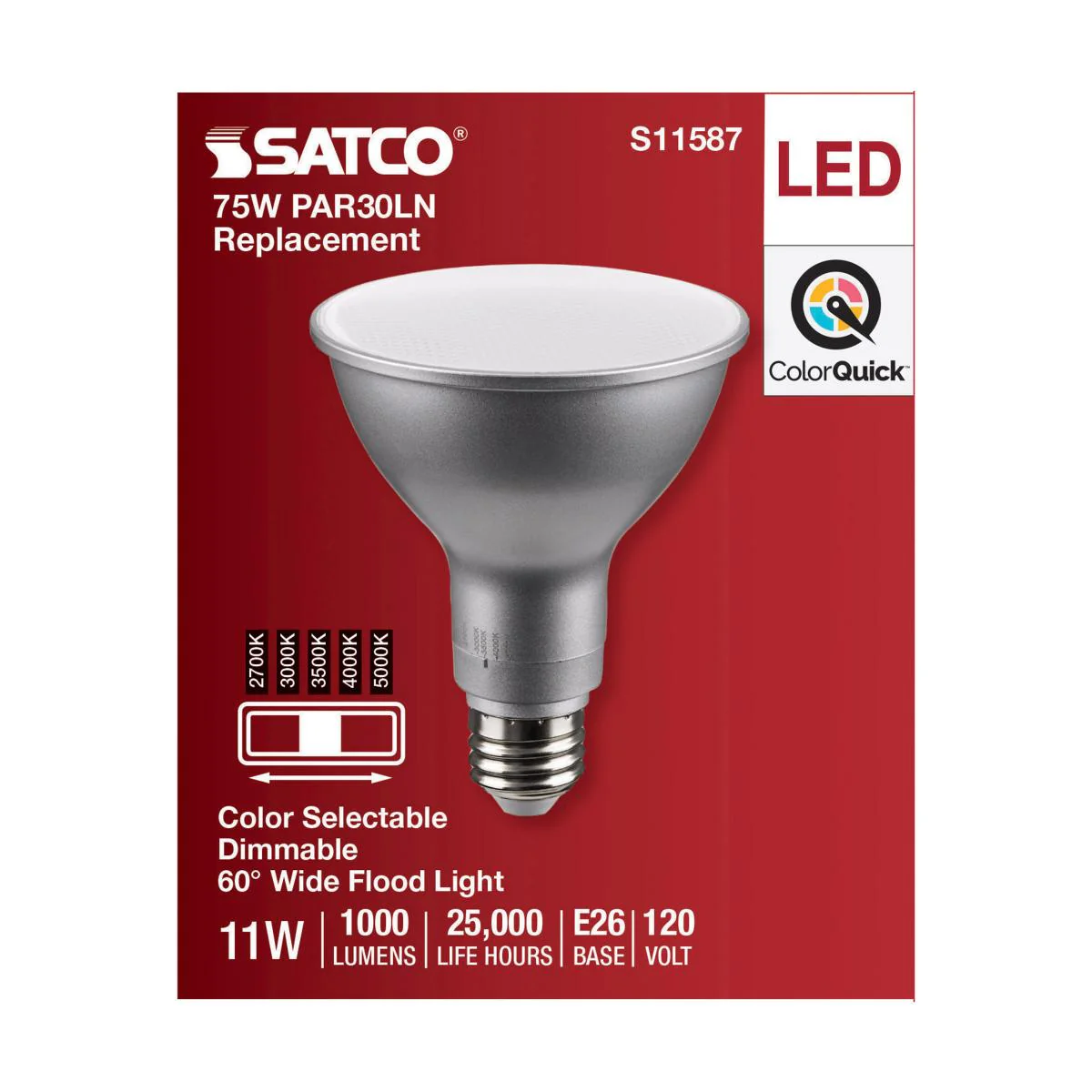 Satco 11w PAR30LN LED E26 Base 60deg 120v CCT Tunable Silver Finish Bulb - Image 4