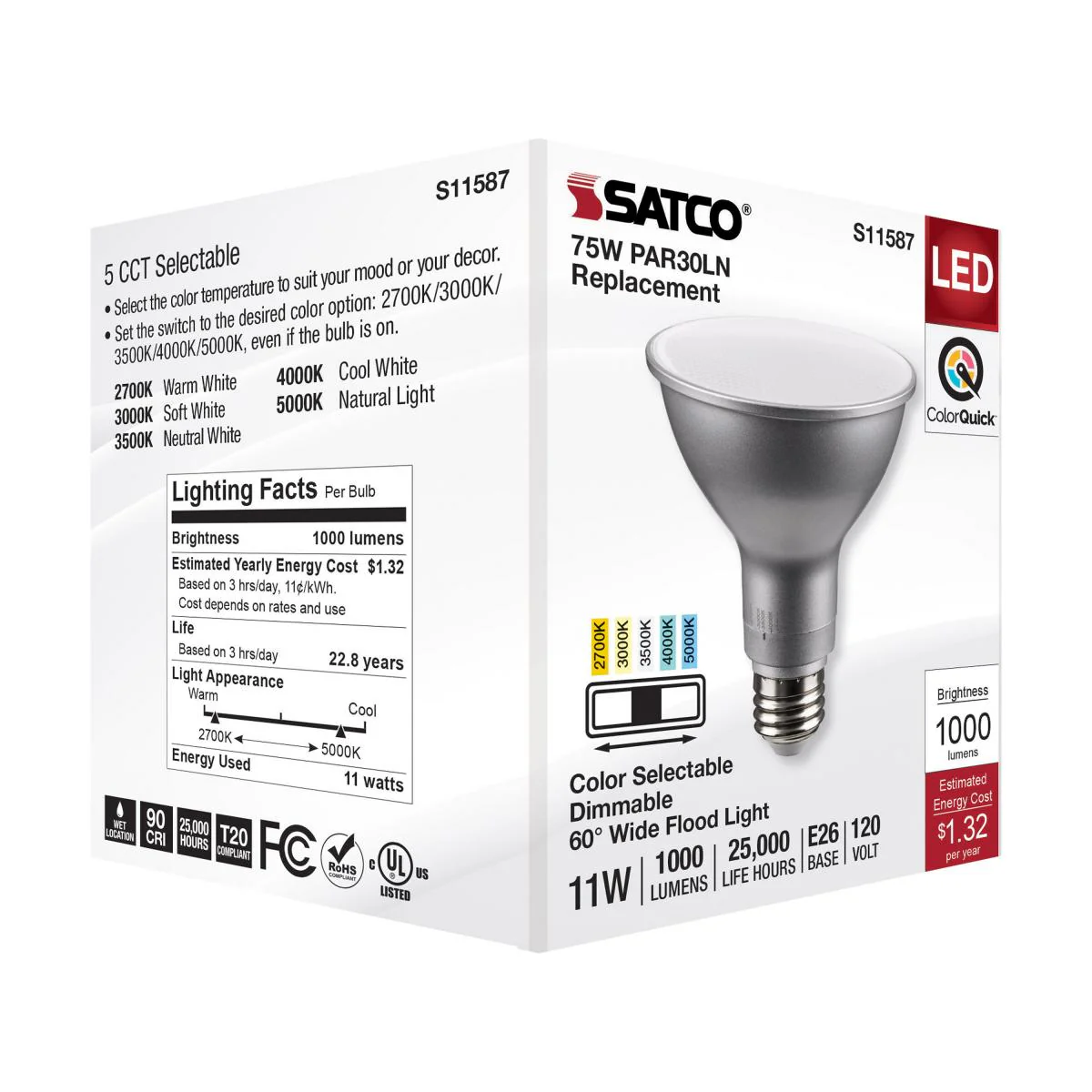 Satco 11w PAR30LN LED E26 Base 60deg 120v CCT Tunable Silver Finish Bulb - Image 6