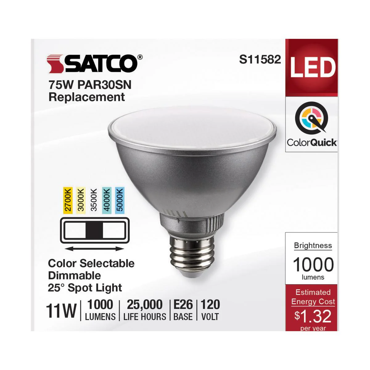 Satco 11w PAR30SN LED E26 Base 25deg 120v CCT Tunable Silver Finish Bulb - Image 3