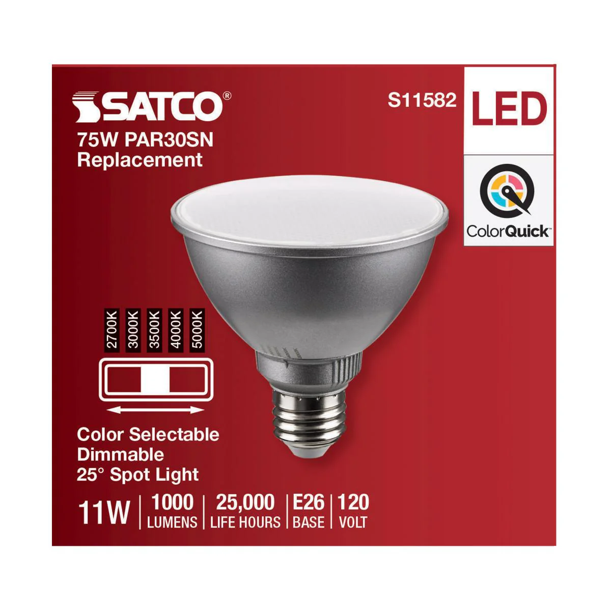 Satco 11w PAR30SN LED E26 Base 25deg 120v CCT Tunable Silver Finish Bulb - Image 4