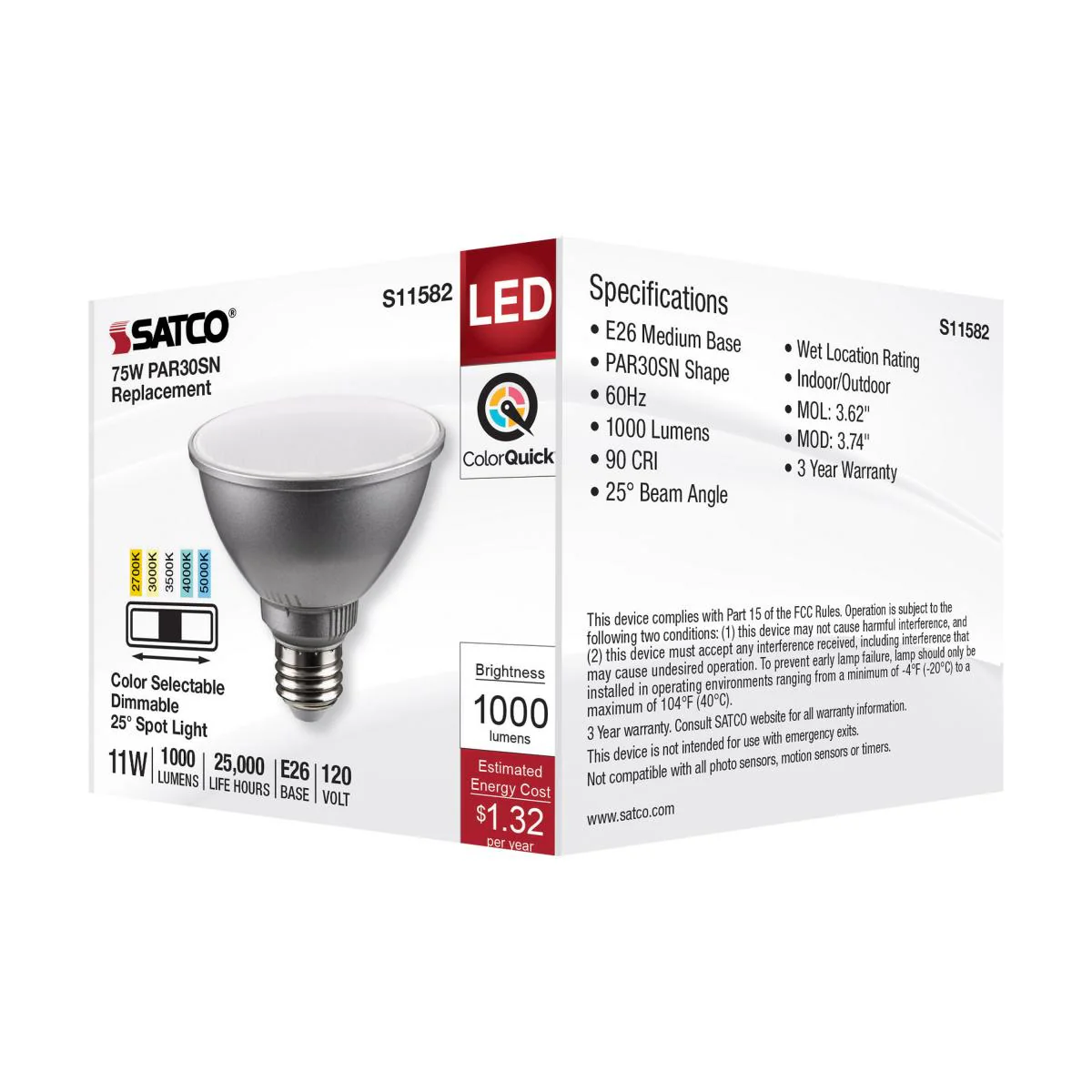 Satco 11w PAR30SN LED E26 Base 25deg 120v CCT Tunable Silver Finish Bulb - Image 5