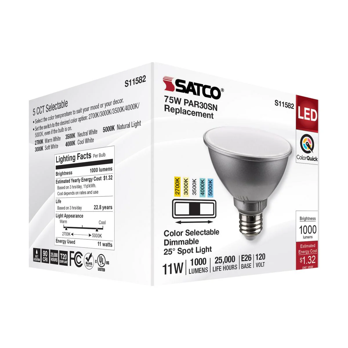 Satco 11w PAR30SN LED E26 Base 25deg 120v CCT Tunable Silver Finish Bulb - Image 6