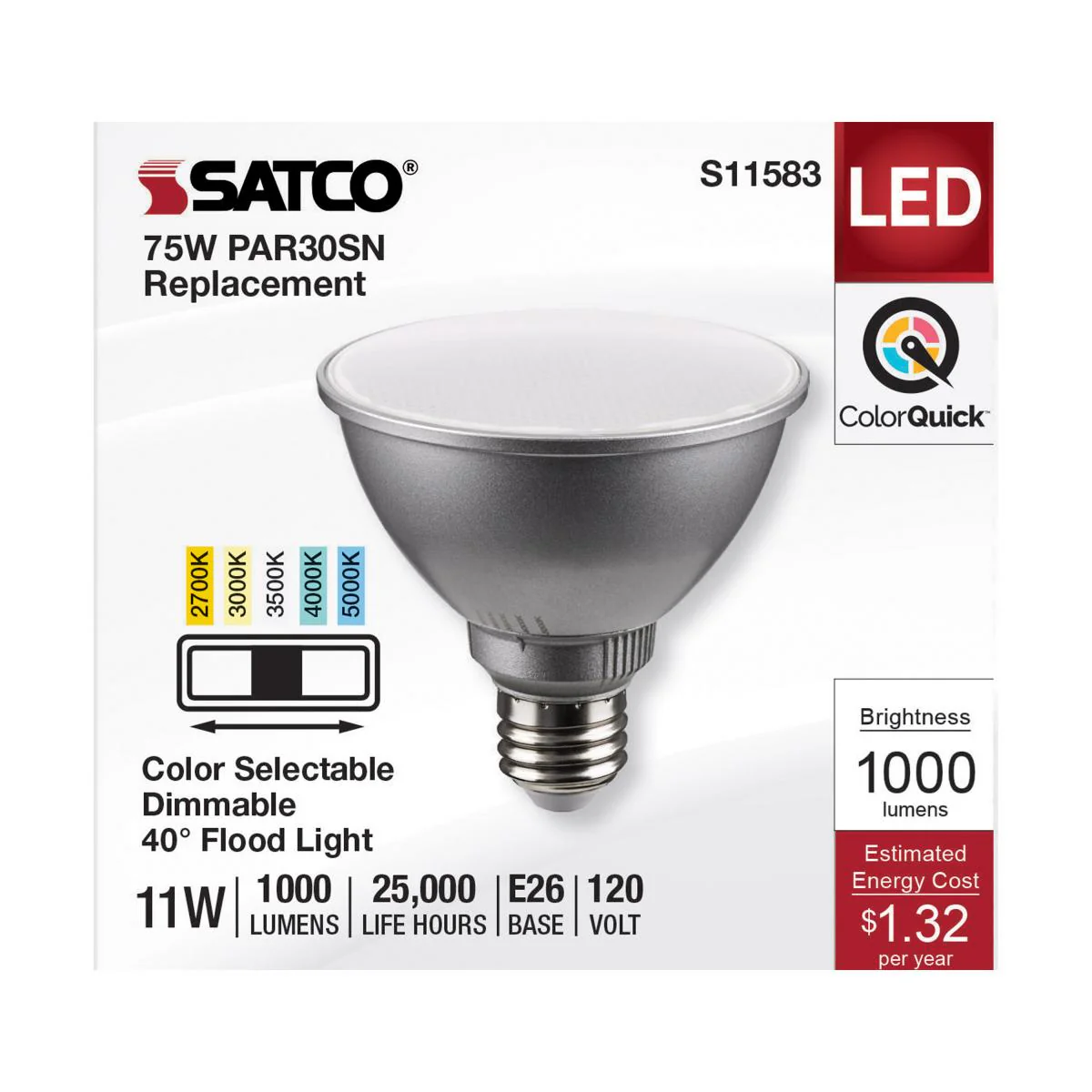 Satco 11w PAR30SN LED E26 Base 40deg 120v CCT Tunable Silver Finish Bulb - Image 3