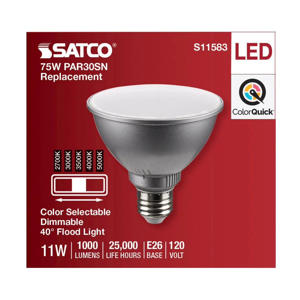 Satco 11w PAR30SN LED E26 Base 40deg 120v CCT Tunable Silver Finish Bulb - Image 4