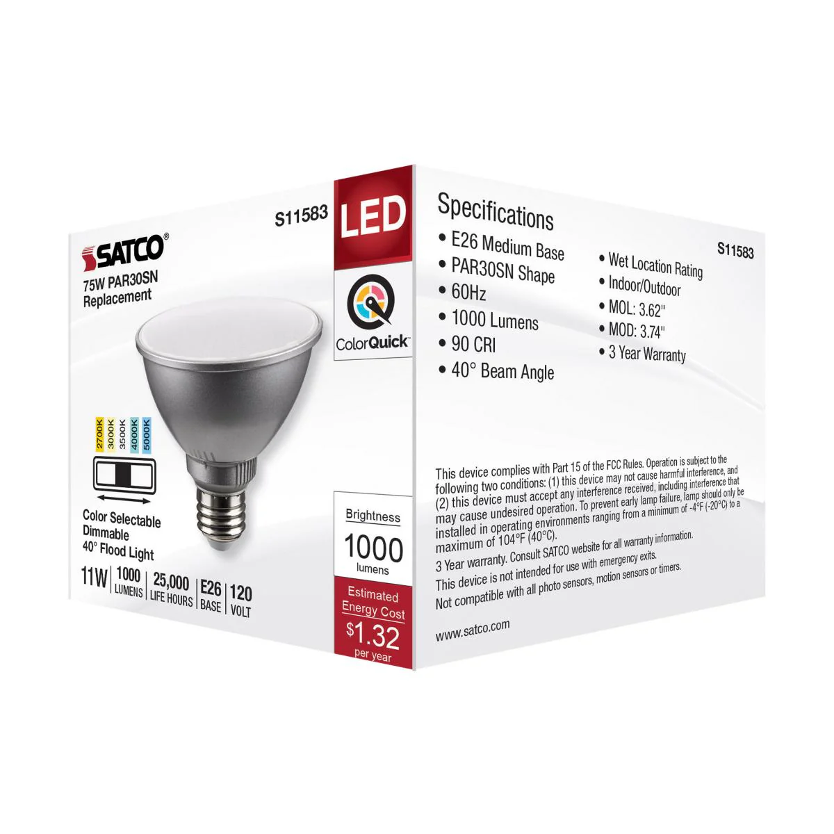 Satco 11w PAR30SN LED E26 Base 40deg 120v CCT Tunable Silver Finish Bulb - Image 5