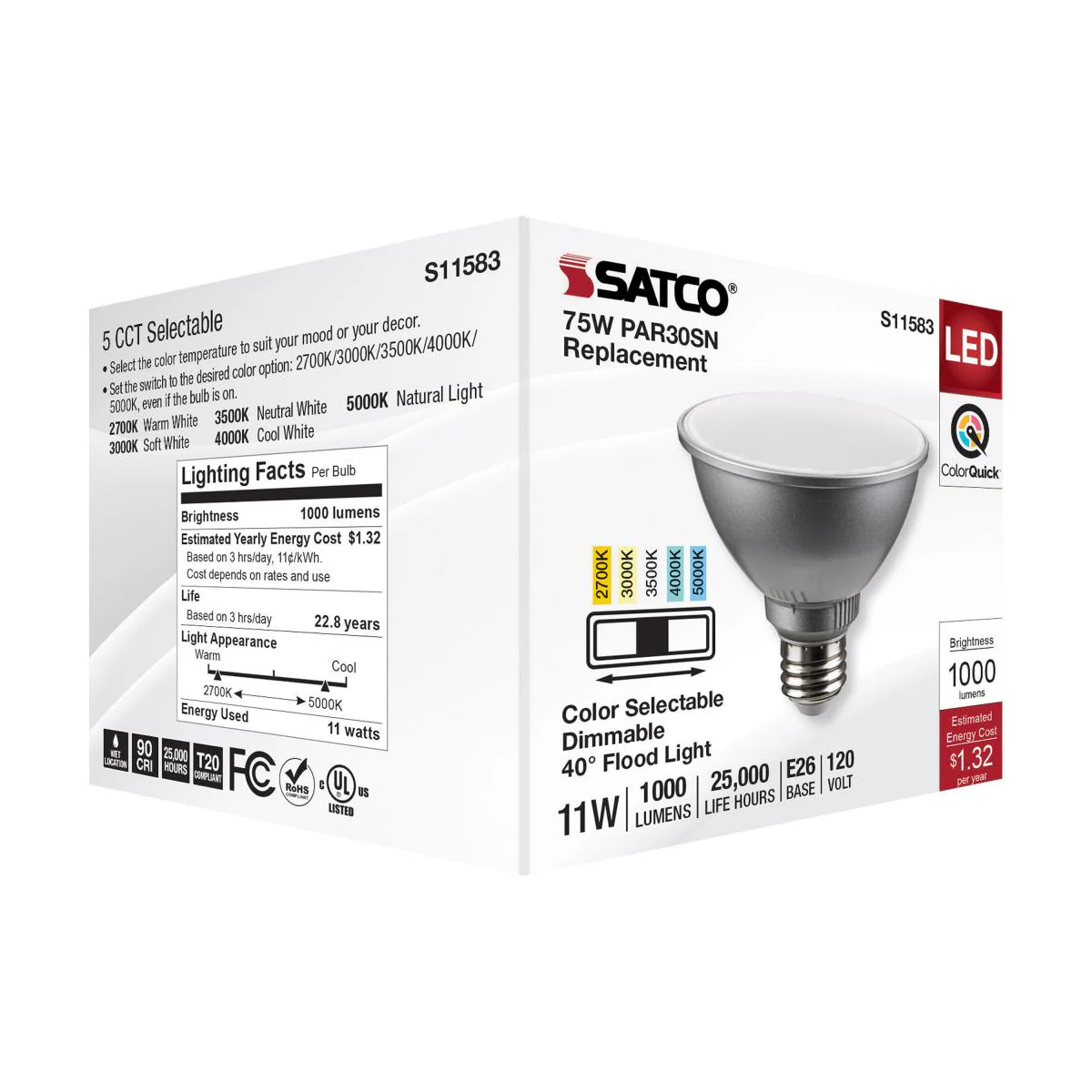 Satco 11w PAR30SN LED E26 Base 40deg 120v CCT Tunable Silver Finish Bulb - Image 6