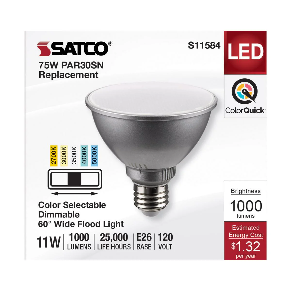 Satco 11w PAR30SN LED E26 Base 60deg 120v CCT Tunable Silver Finish Bulb - Image 3