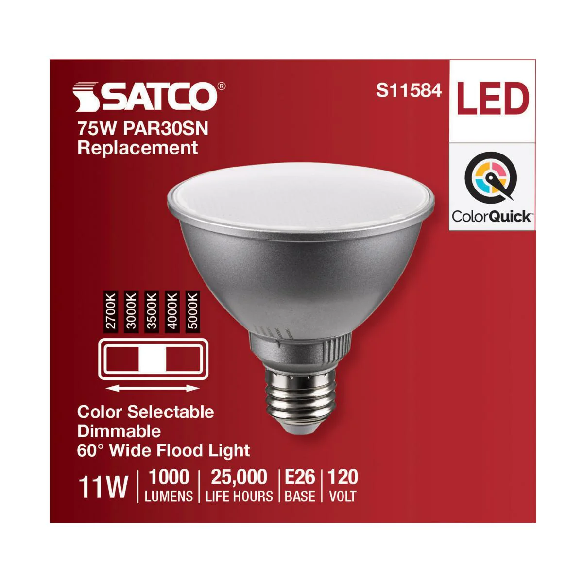 Satco 11w PAR30SN LED E26 Base 60deg 120v CCT Tunable Silver Finish Bulb - Image 4