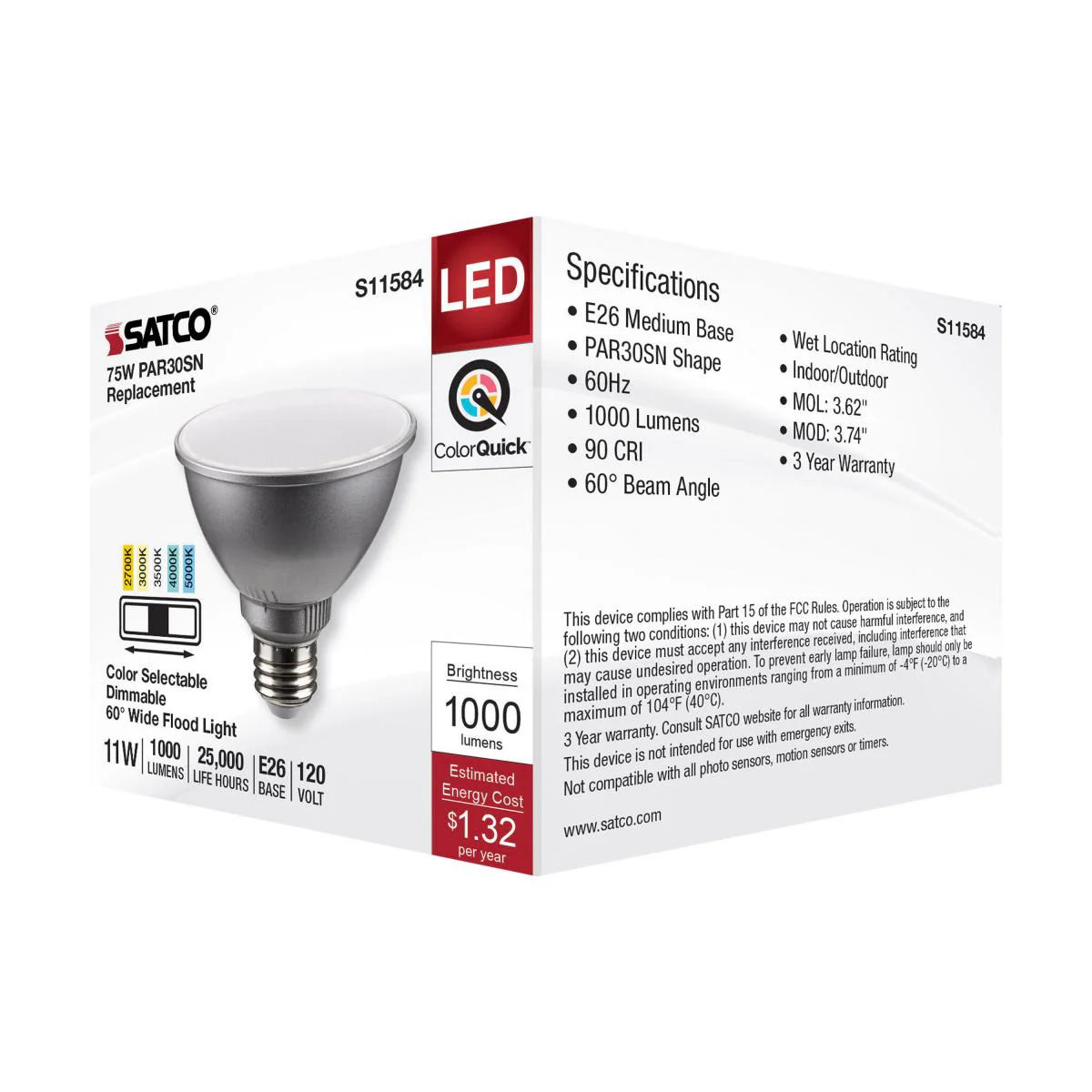 Satco 11w PAR30SN LED E26 Base 60deg 120v CCT Tunable Silver Finish Bulb - Image 5