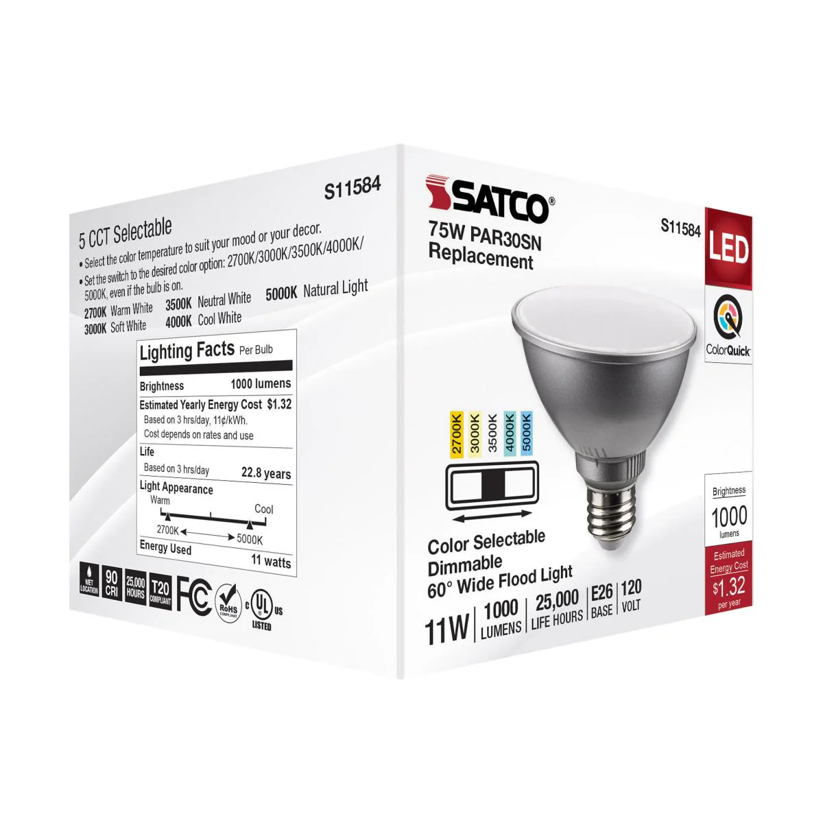 Satco 11w PAR30SN LED E26 Base 60deg 120v CCT Tunable Silver Finish Bulb - Image 6