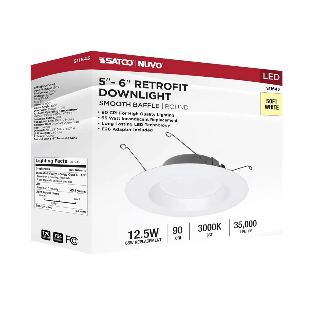 Satco 12.5w LED Downlight Retrofit 5-6-in 3000K White Finish 120v Dimmable - Image 8
