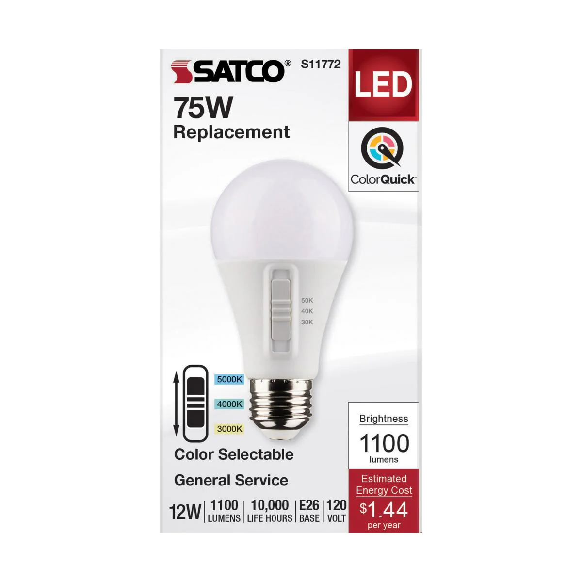 Satco 12w A19 LED 120v CCT Selectable 90 CRI White Finish Bulb - Image 4
