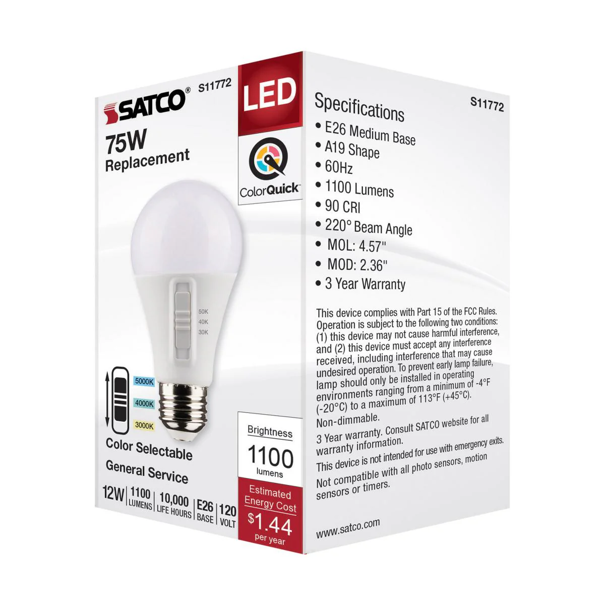 Satco 12w A19 LED 120v CCT Selectable 90 CRI White Finish Bulb - Image 6