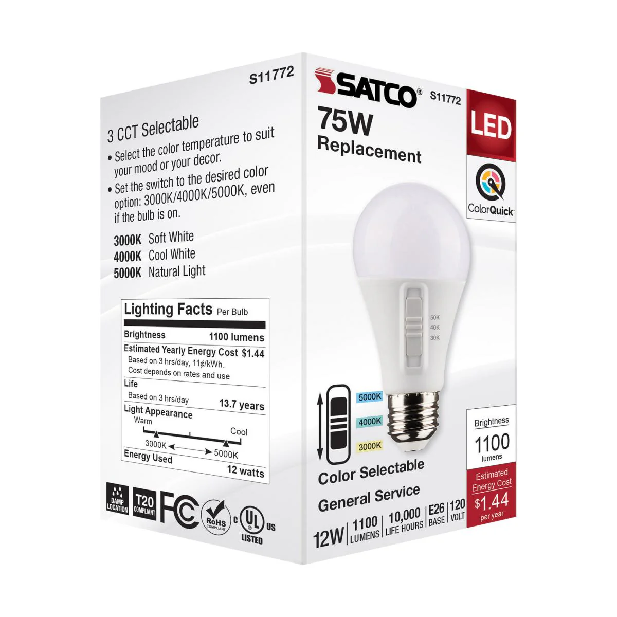 Satco 12w A19 LED 120v CCT Selectable 90 CRI White Finish Bulb - Image 7