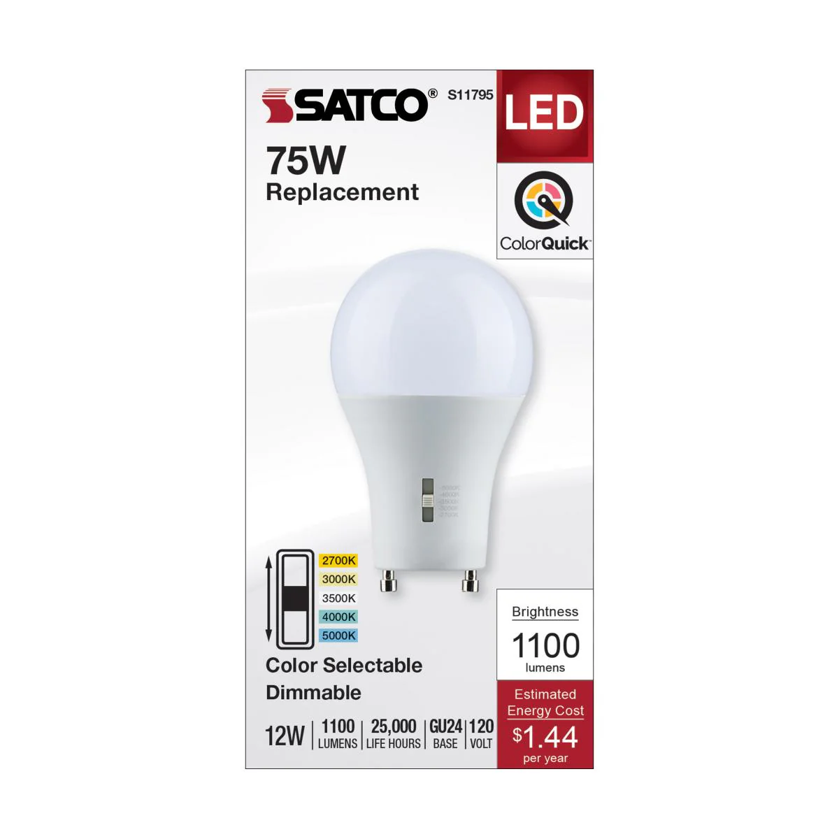 Satco 12w A19 LED Bi Pin GU24 Base 120v CCT Selectable White Finish Bulb - Image 4