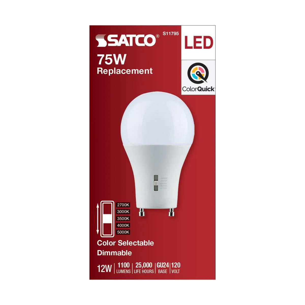 Satco 12w A19 LED Bi Pin GU24 Base 120v CCT Selectable White Finish Bulb - Image 5
