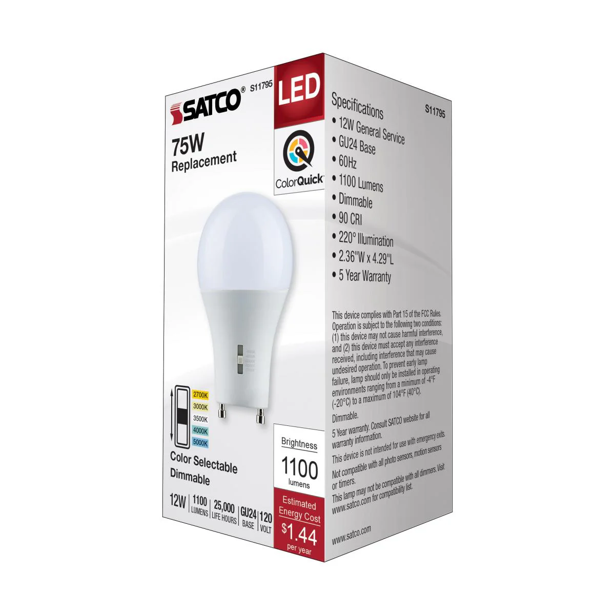 Satco 12w A19 LED Bi Pin GU24 Base 120v CCT Selectable White Finish Bulb - Image 6