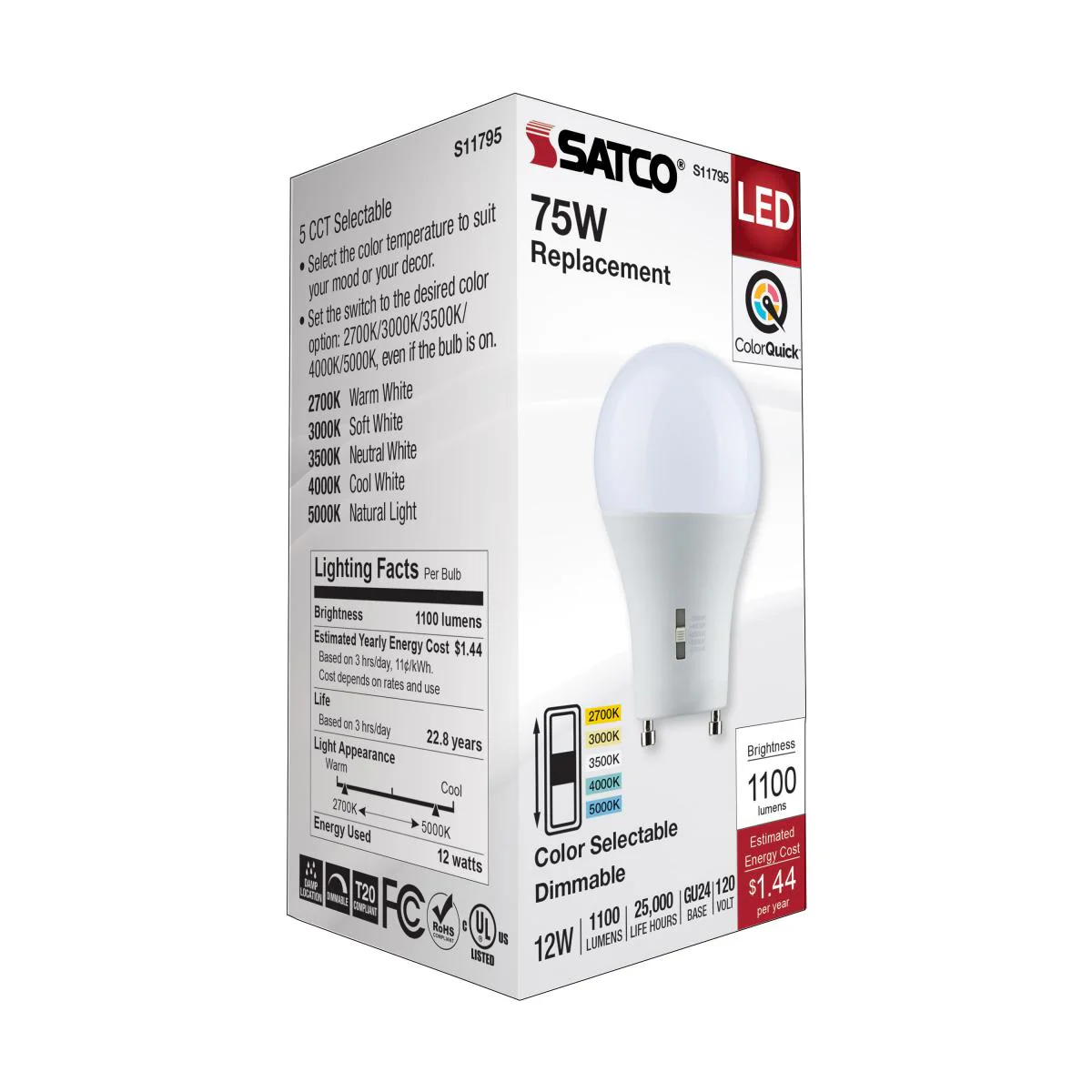 Satco 12w A19 LED Bi Pin GU24 Base 120v CCT Selectable White Finish Bulb - Image 7