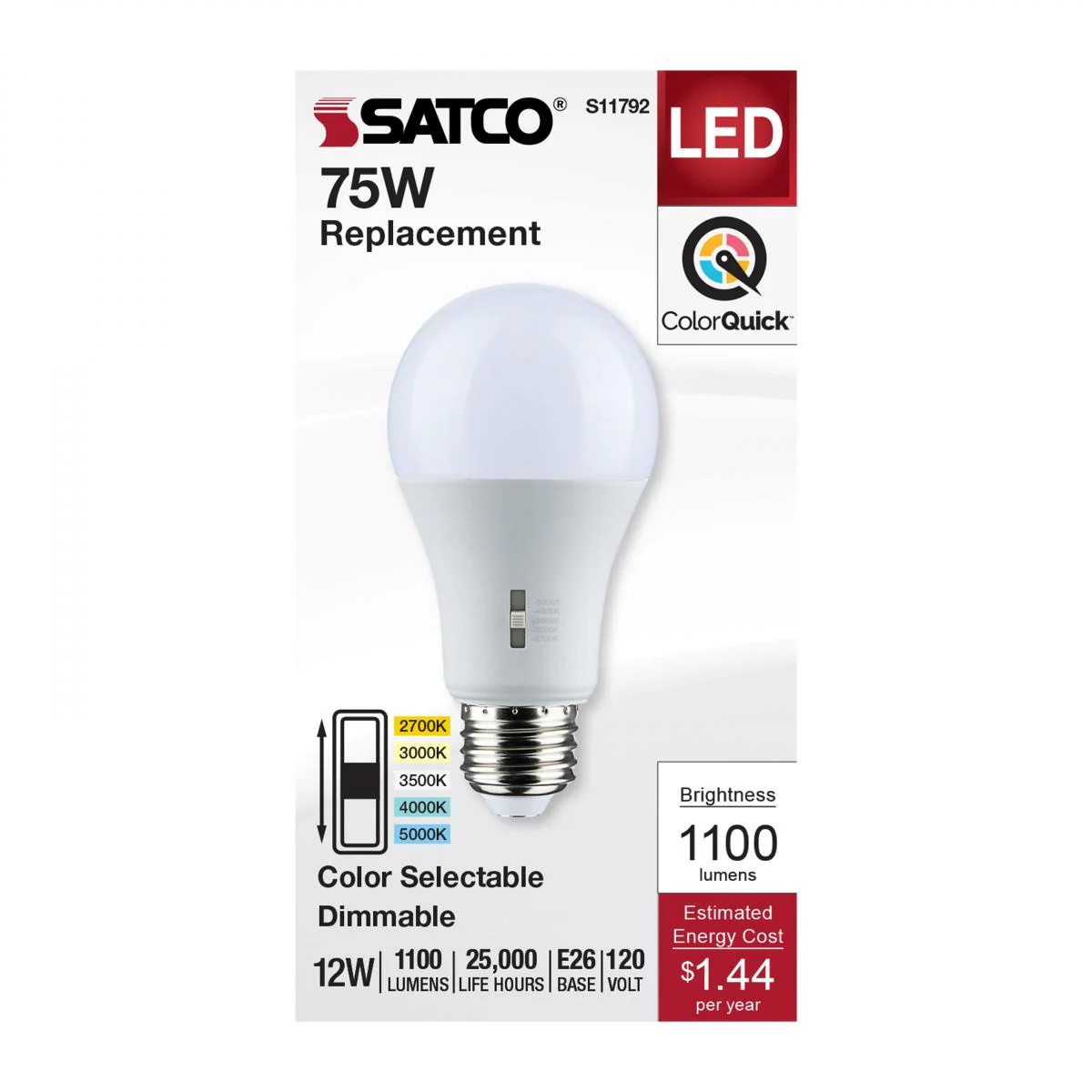 Satco 12w A19 LED Medium Base 120v CCT Selectable White Finish Bulb - Image 4