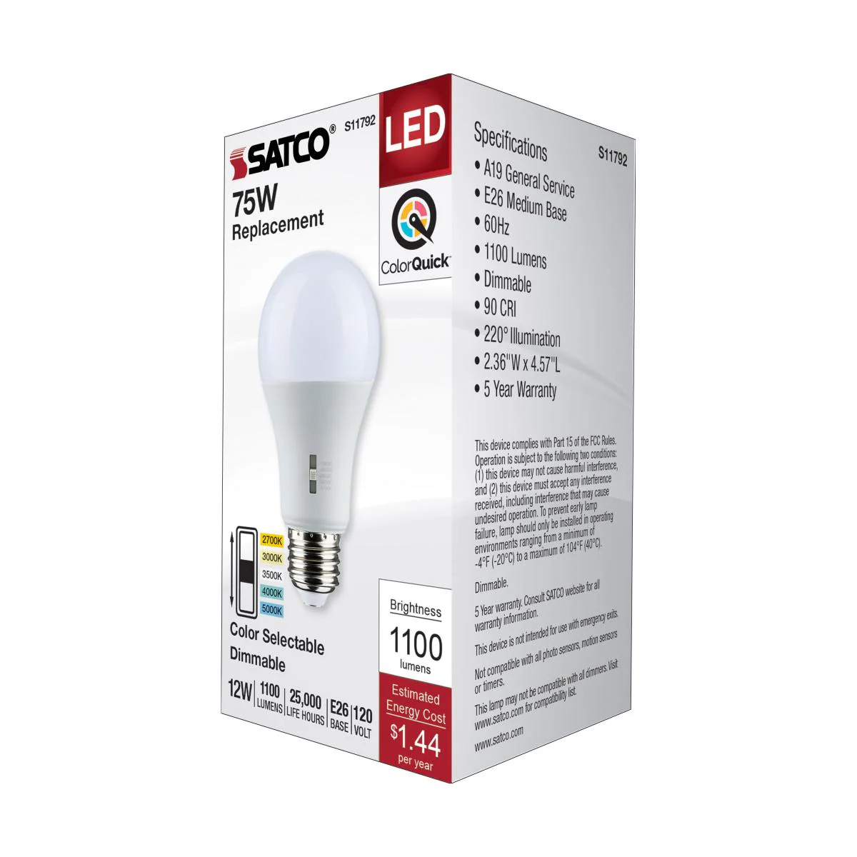 Satco 12w A19 LED Medium Base 120v CCT Selectable White Finish Bulb - Image 6