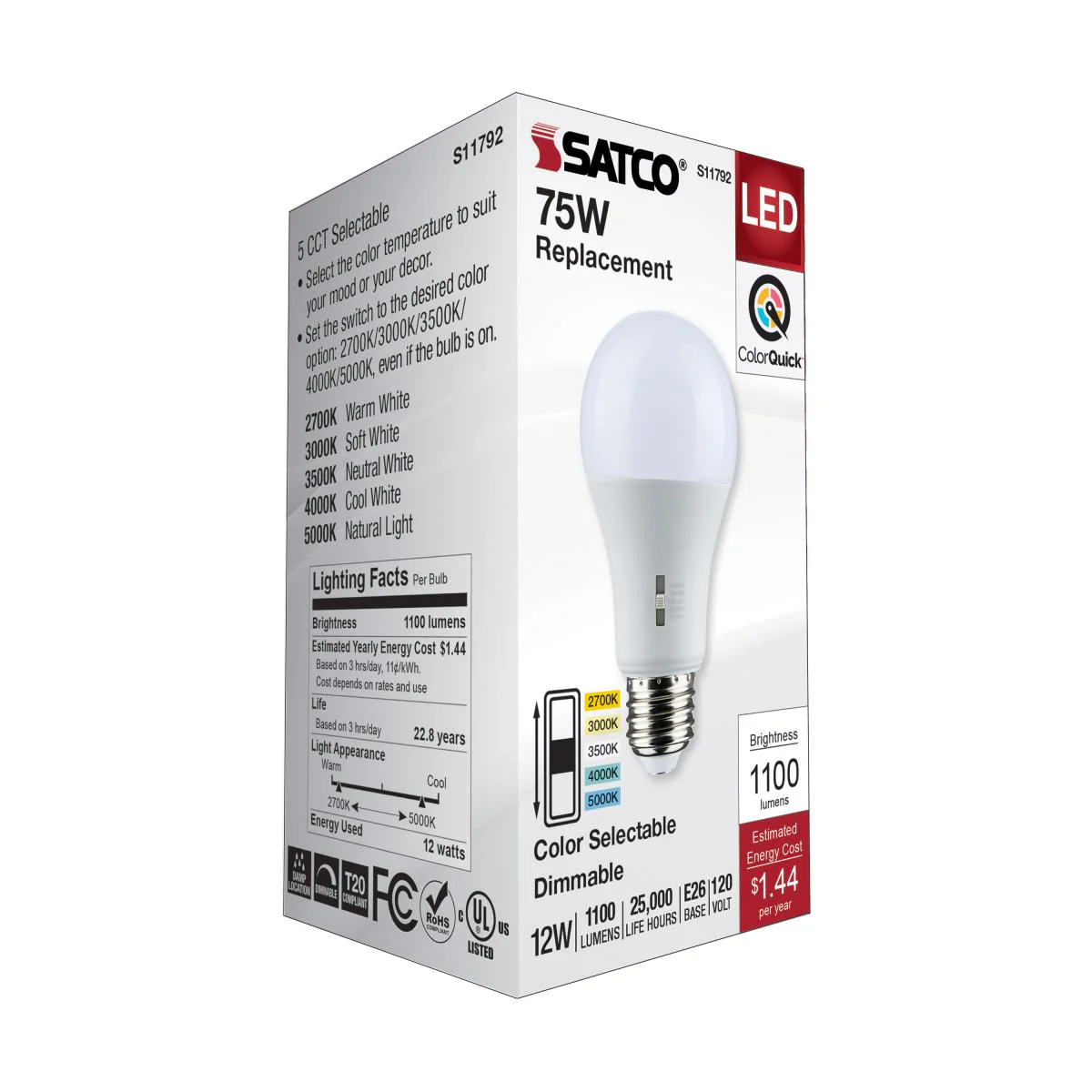 Satco 12w A19 LED Medium Base 120v CCT Selectable White Finish Bulb - Image 7