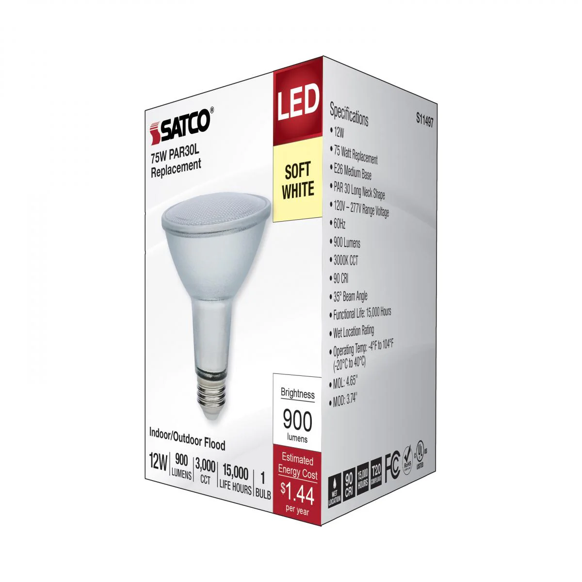 Satco 12w Econo LED PAR30LN 3000K 35deg 120-277v Silver Finish Bulb - Image 5