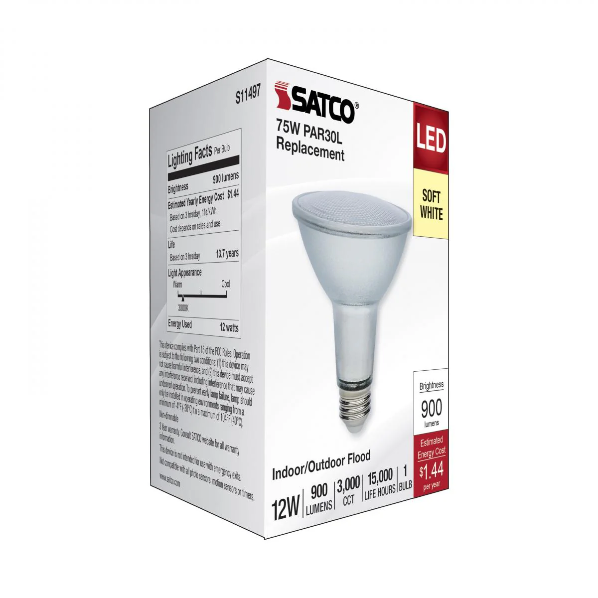 Satco 12w Econo LED PAR30LN 3000K 35deg 120-277v Silver Finish Bulb - Image 6