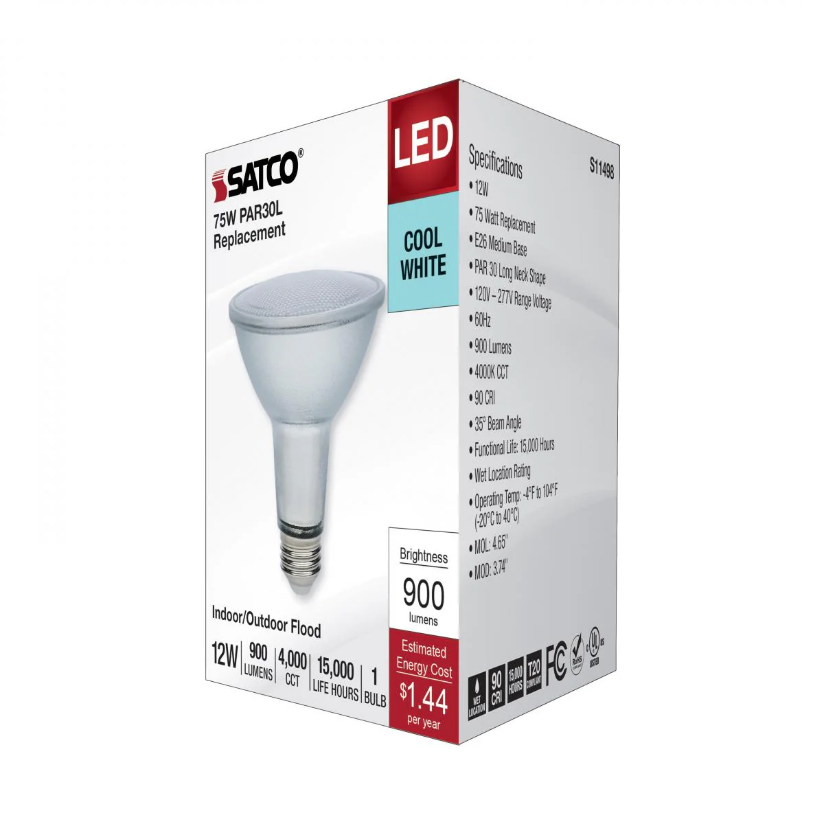 Satco 12w Econo LED PAR30LN 4000K 35deg 120-277v Silver Finish Bulb - Image 5