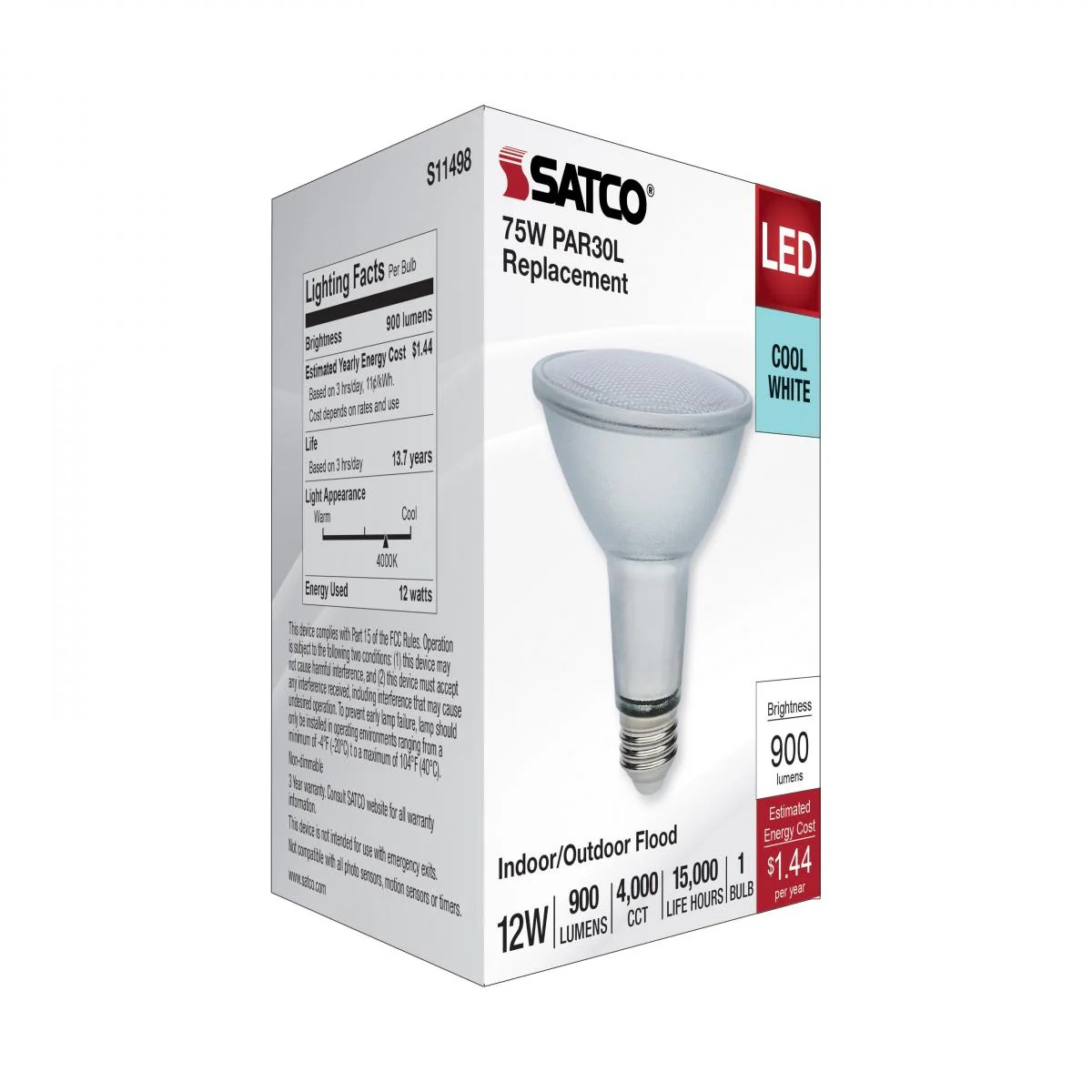 Satco 12w Econo LED PAR30LN 4000K 35deg 120-277v Silver Finish Bulb - Image 6