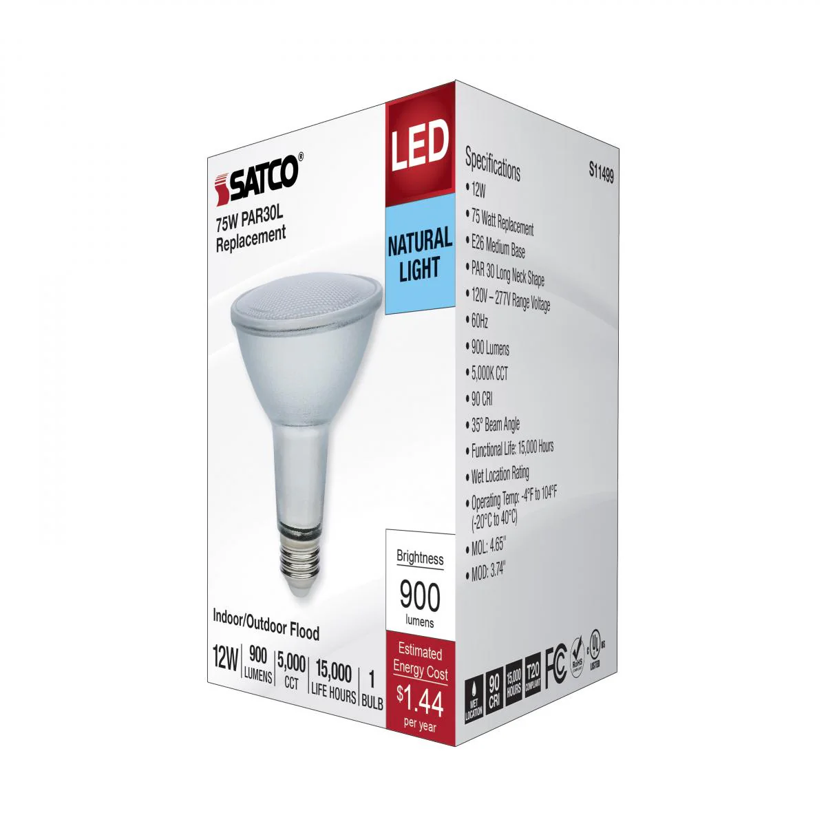 Satco 12w Econo LED PAR30LN 5000K 35deg 120-277v Silver Finish Bulb - Image 5