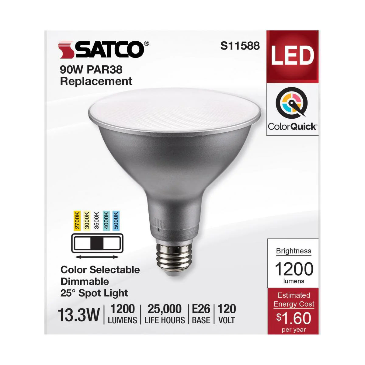 Satco 13.3w PAR38 LED E26 Base 25deg 120v CCT Tunable Silver Finish Bulb - Image 3