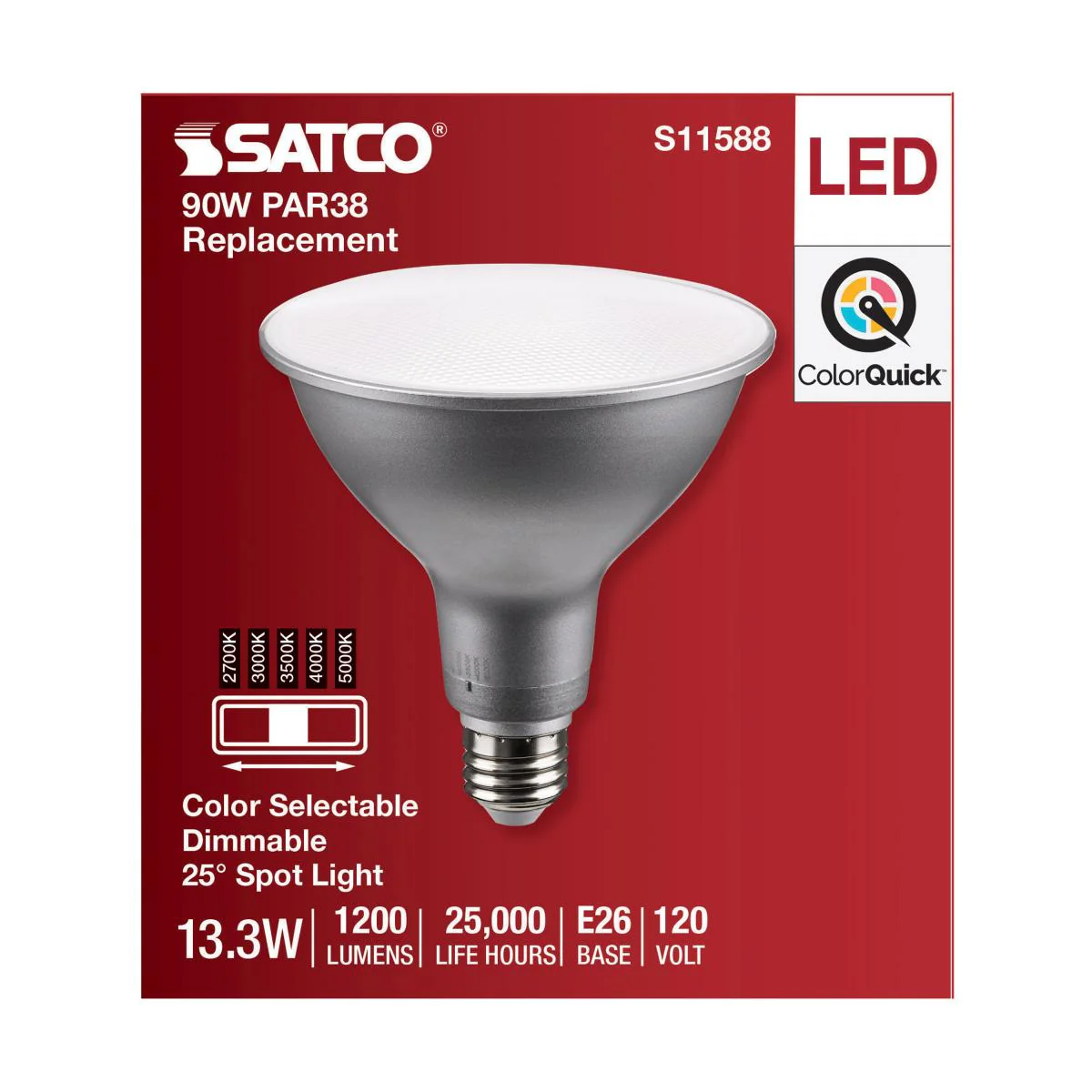 Satco 13.3w PAR38 LED E26 Base 25deg 120v CCT Tunable Silver Finish Bulb - Image 4