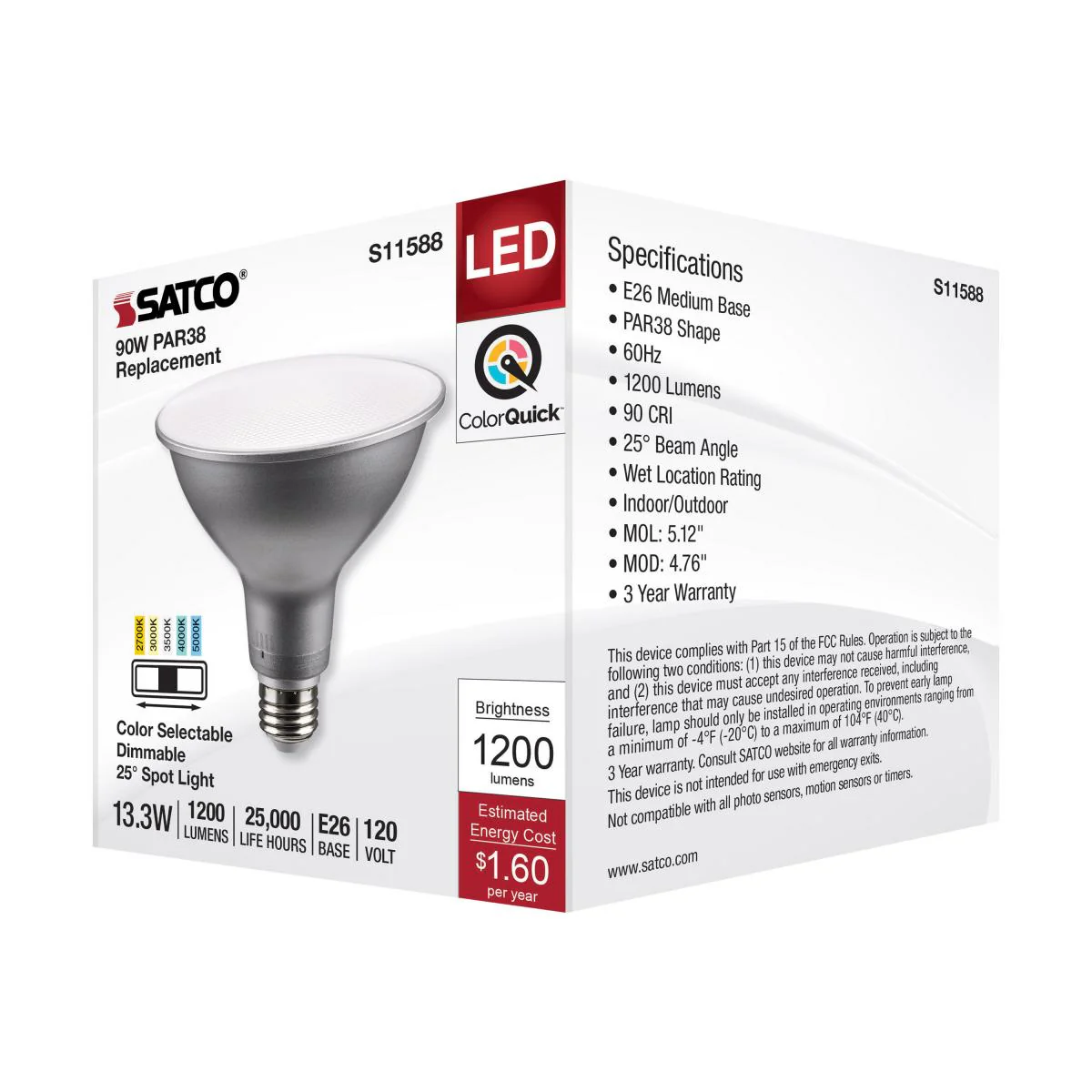 Satco 13.3w PAR38 LED E26 Base 25deg 120v CCT Tunable Silver Finish Bulb - Image 5