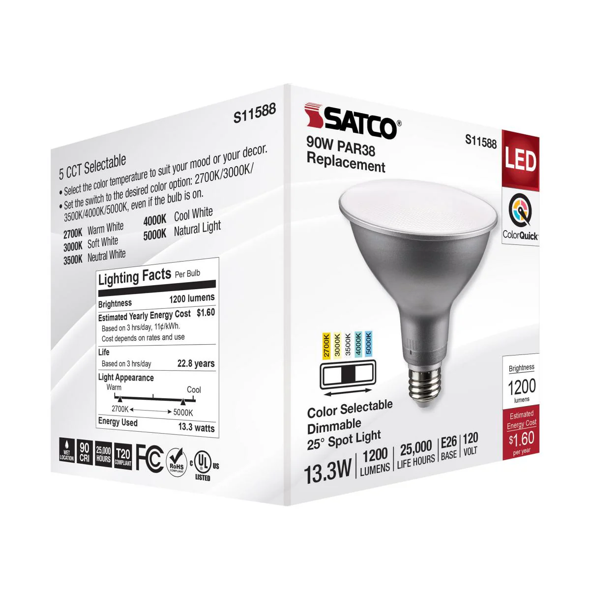 Satco 13.3w PAR38 LED E26 Base 25deg 120v CCT Tunable Silver Finish Bulb - Image 6