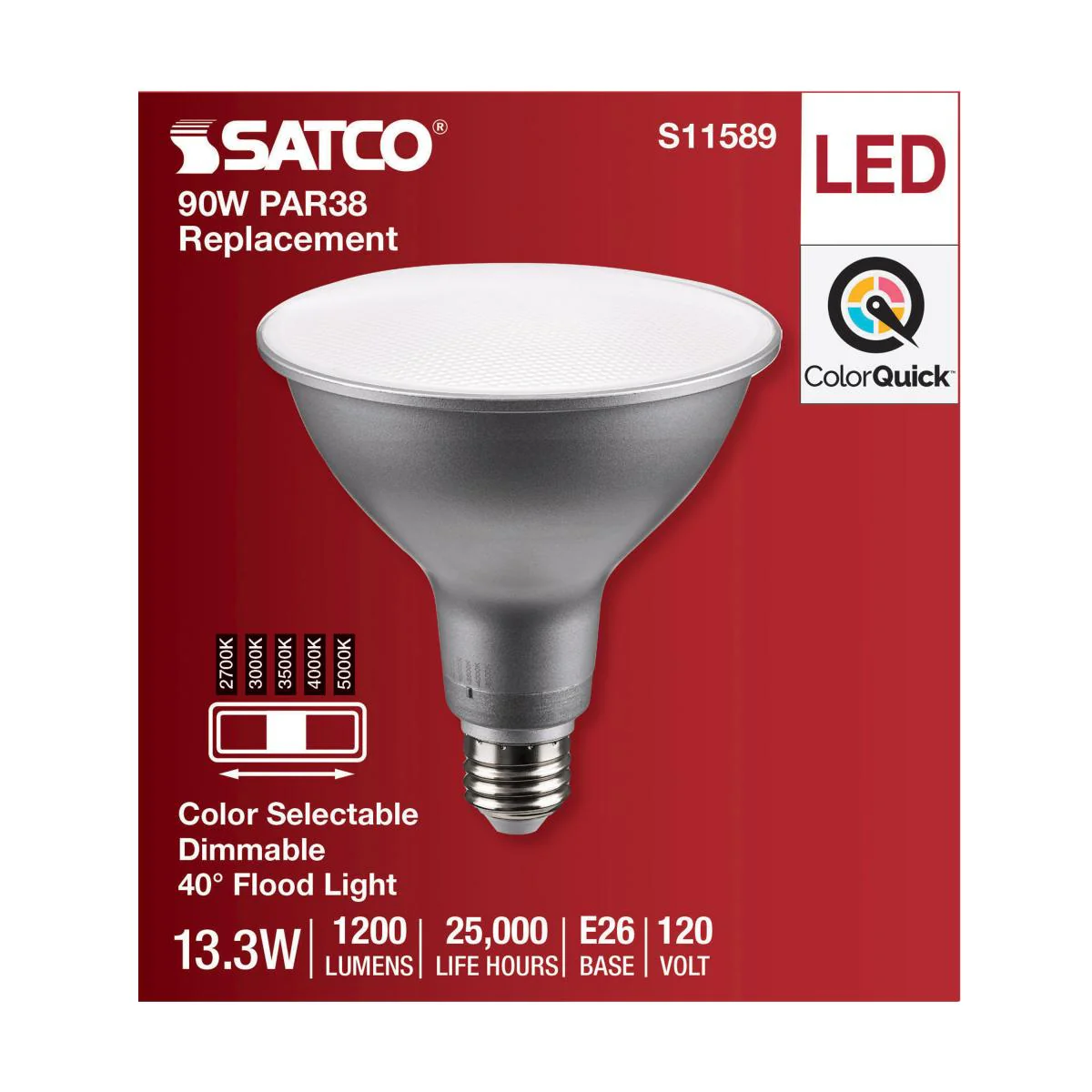 Satco 13.3w PAR38 LED E26 Base 40deg 120v CCT Tunable Silver Finish Bulb - Image 4