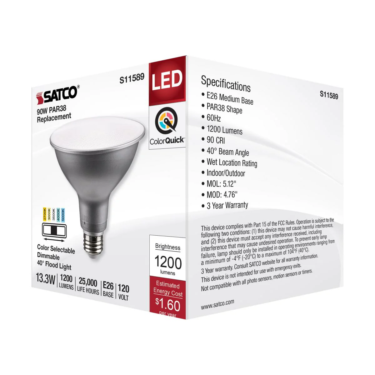 Satco 13.3w PAR38 LED E26 Base 40deg 120v CCT Tunable Silver Finish Bulb - Image 5