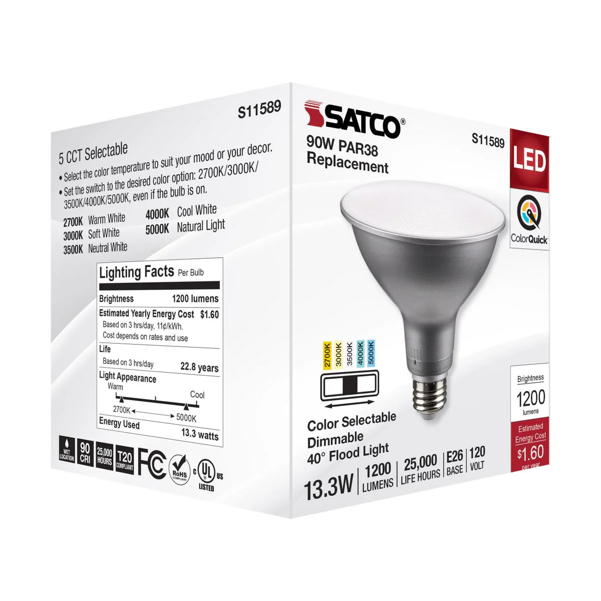 Satco 13.3w PAR38 LED E26 Base 40deg 120v CCT Tunable Silver Finish Bulb - Image 6
