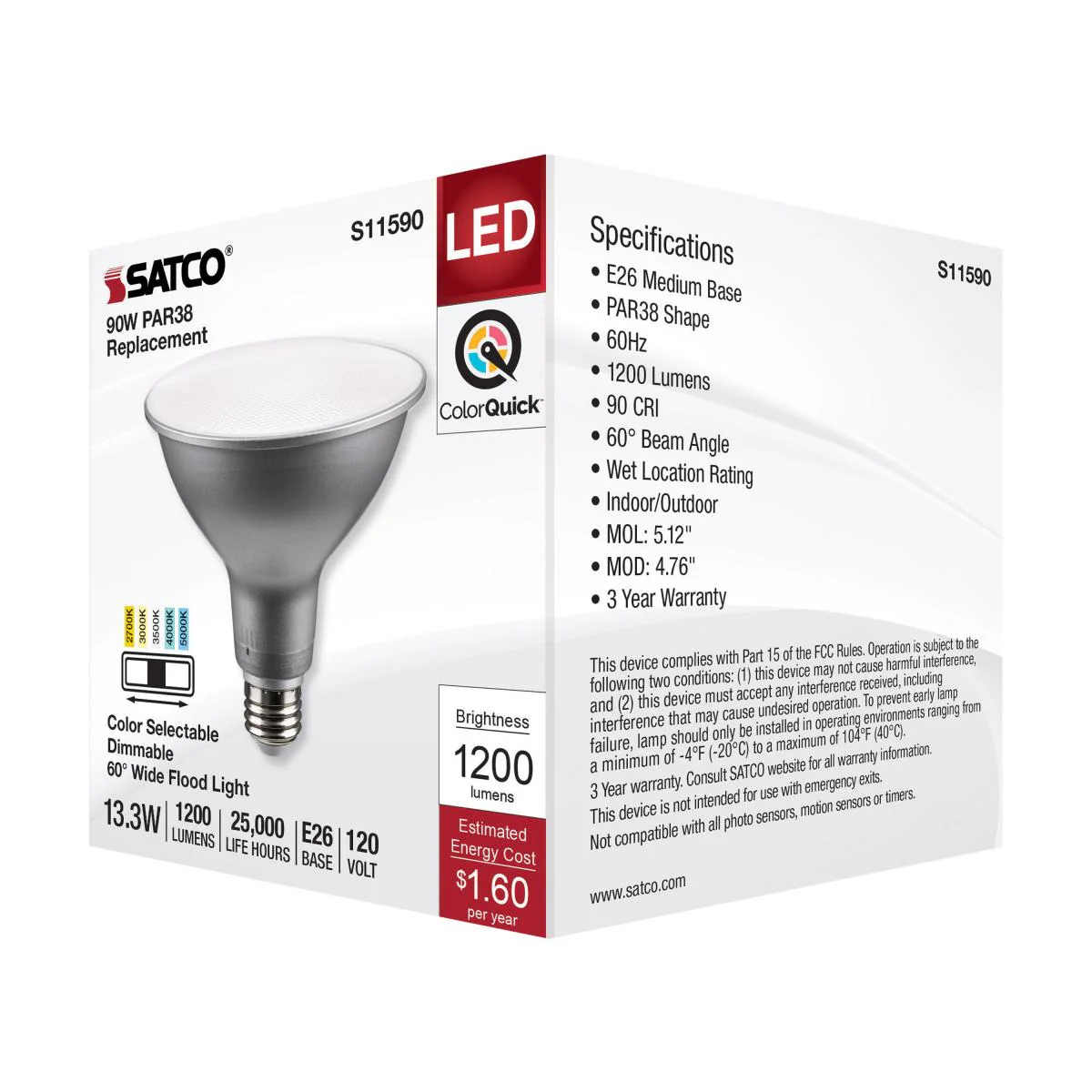 Satco 13.3w PAR38 LED E26 Base 60deg 120v CCT Tunable Silver Finish Bulb - Image 5