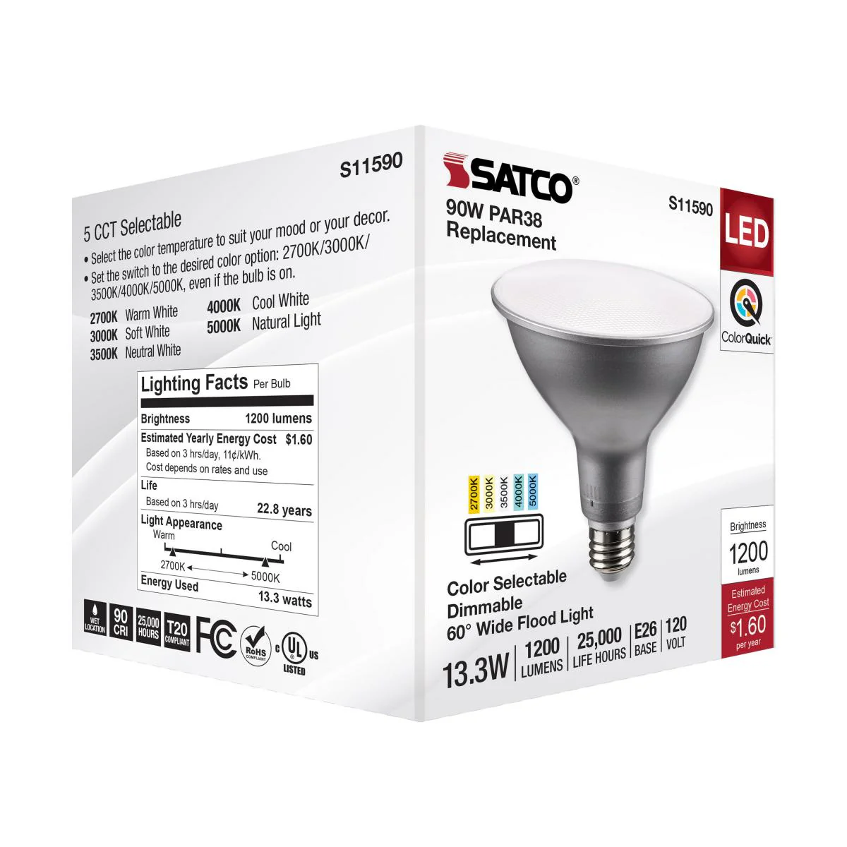 Satco 13.3w PAR38 LED E26 Base 60deg 120v CCT Tunable Silver Finish Bulb - Image 6