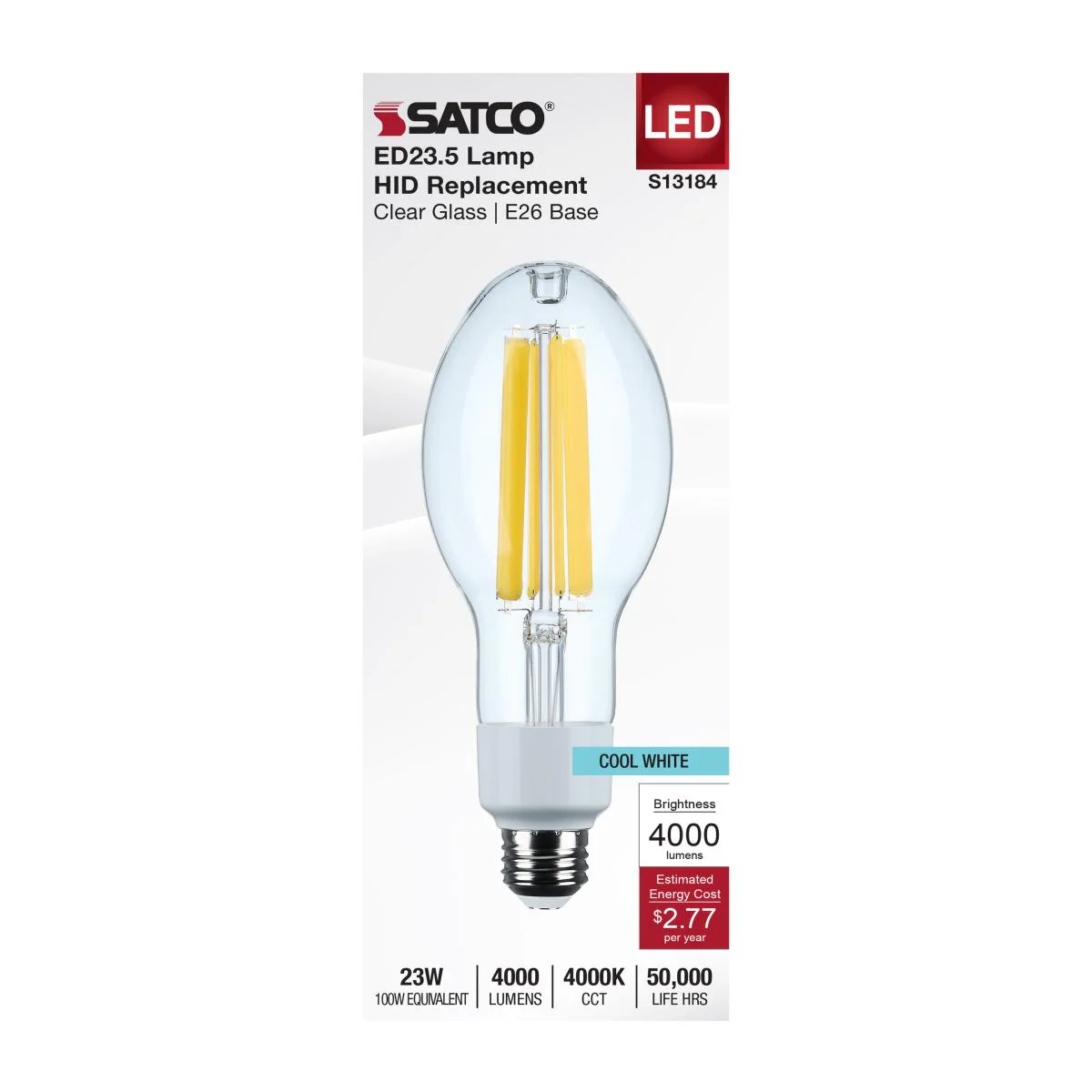 Satco 13.5w LED HID Replacement ED17 2200K E26 Base 120-277v Clear Finish Bulb - Image 2