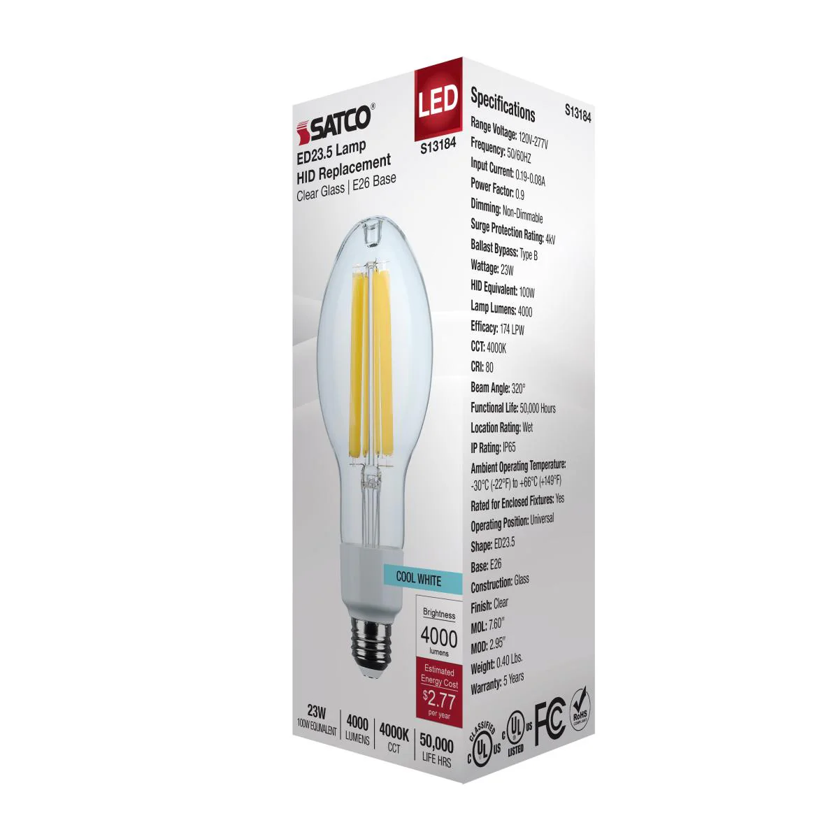 Satco 13.5w LED HID Replacement ED17 2200K E26 Base 120-277v Clear Finish Bulb - Image 4