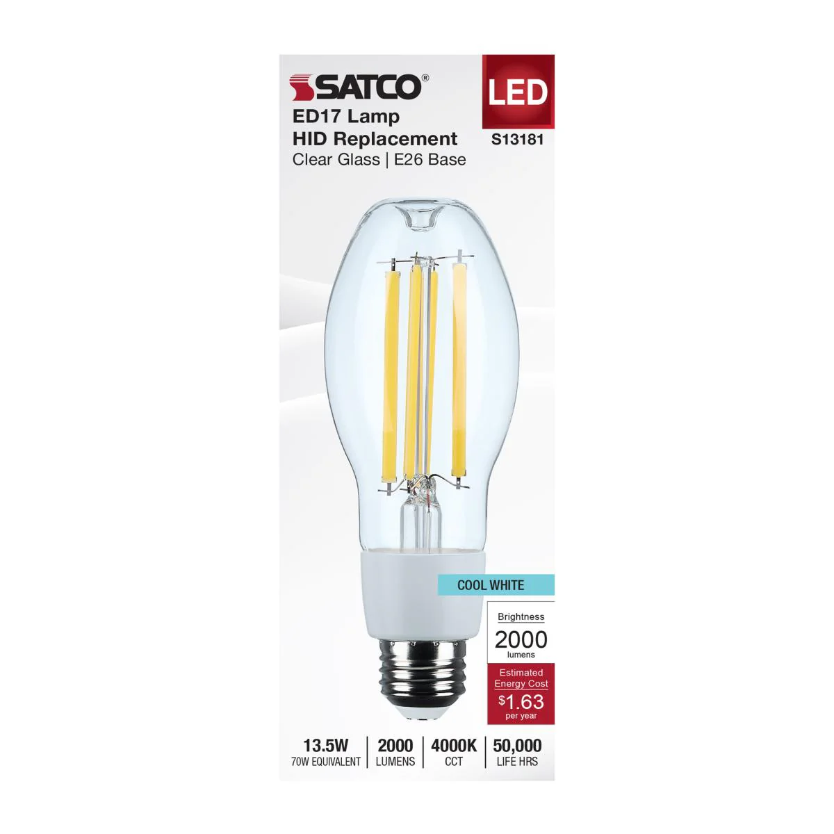 Satco 13.5w LED HID Replacement ED17 2200K E26 Base 120-277v Clear Finish Bulb - Image 2