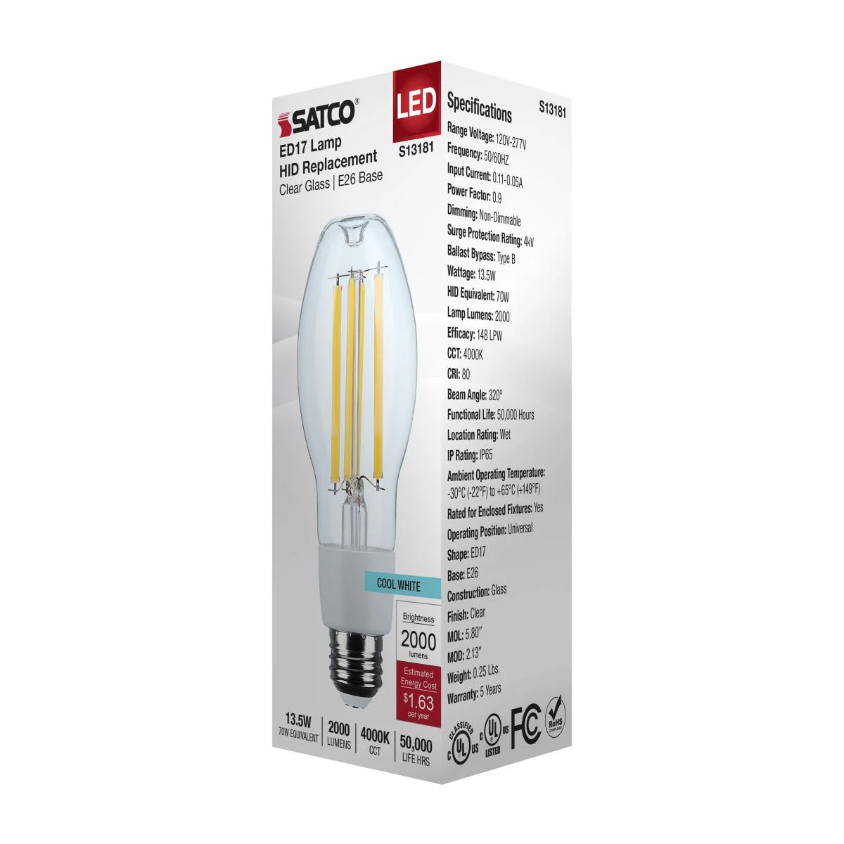 Satco 13.5w LED HID Replacement ED17 2200K E26 Base 120-277v Clear Finish Bulb - Image 4