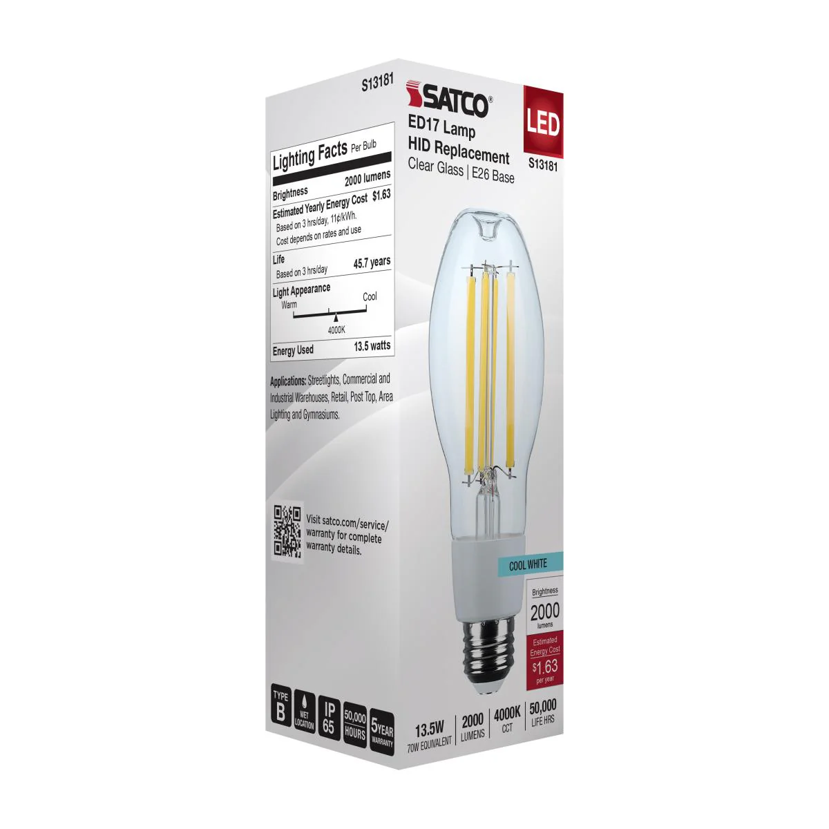 Satco 13.5w LED HID Replacement ED17 2200K E26 Base 120-277v Clear Finish Bulb - Image 5