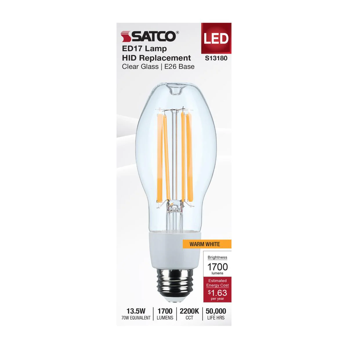 Satco 13.5w LED HID Replacement ED17 2200K E26 Base 120-277v Clear Finish Bulb - Image 3