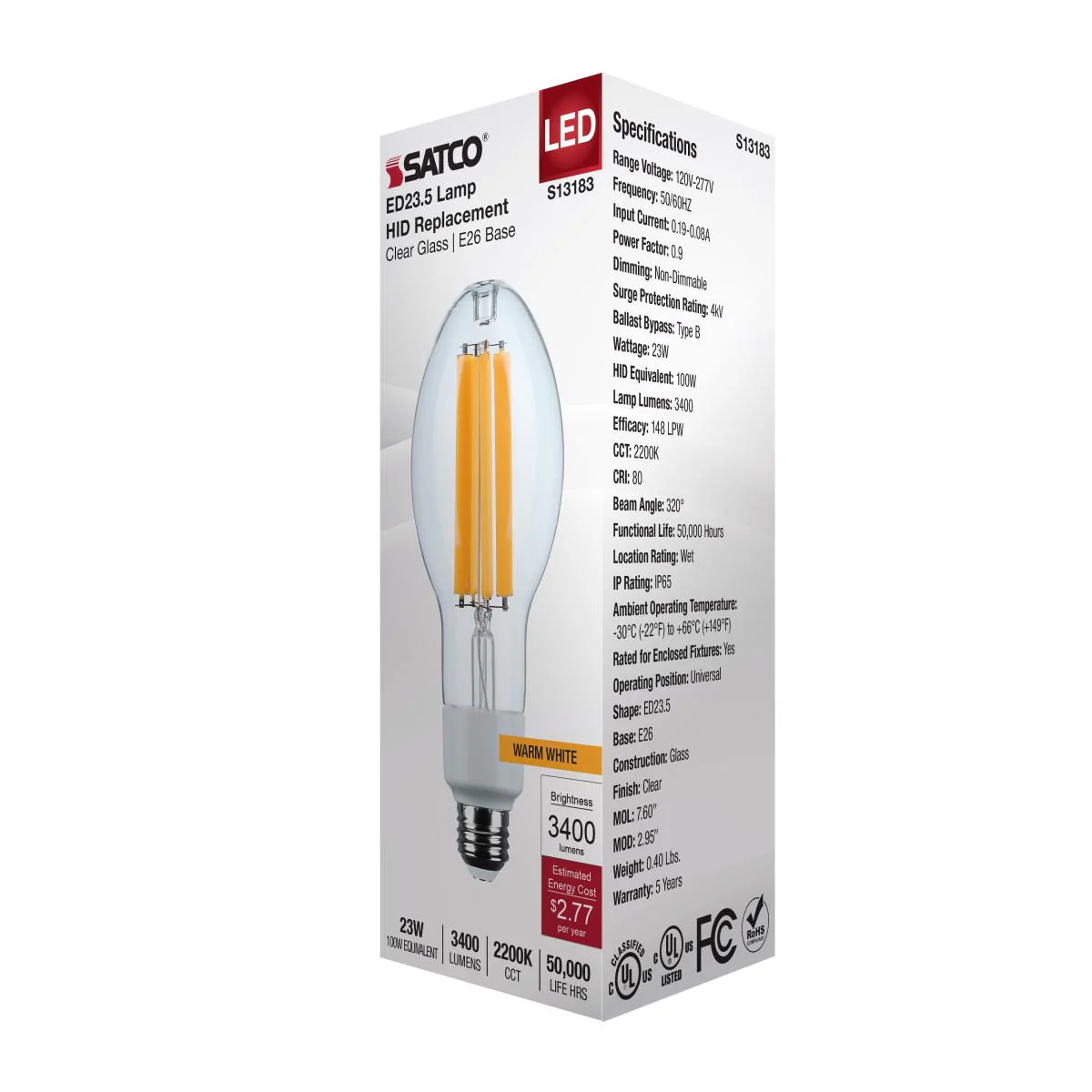 Satco 13.5w LED HID Replacement ED17 2200K E26 Base 120-277v Clear Finish Bulb - Image 5