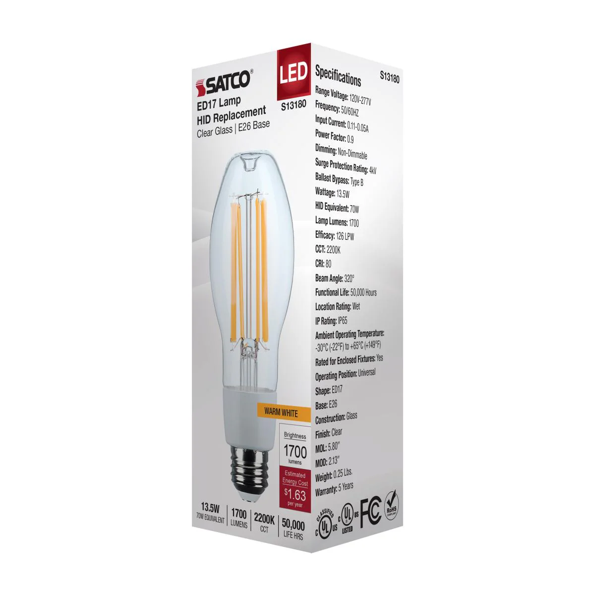 Satco 13.5w LED HID Replacement ED17 2200K E26 Base 120-277v Clear Finish Bulb - Image 5