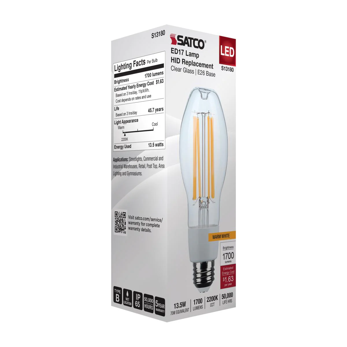 Satco 13.5w LED HID Replacement ED17 2200K E26 Base 120-277v Clear Finish Bulb - Image 6