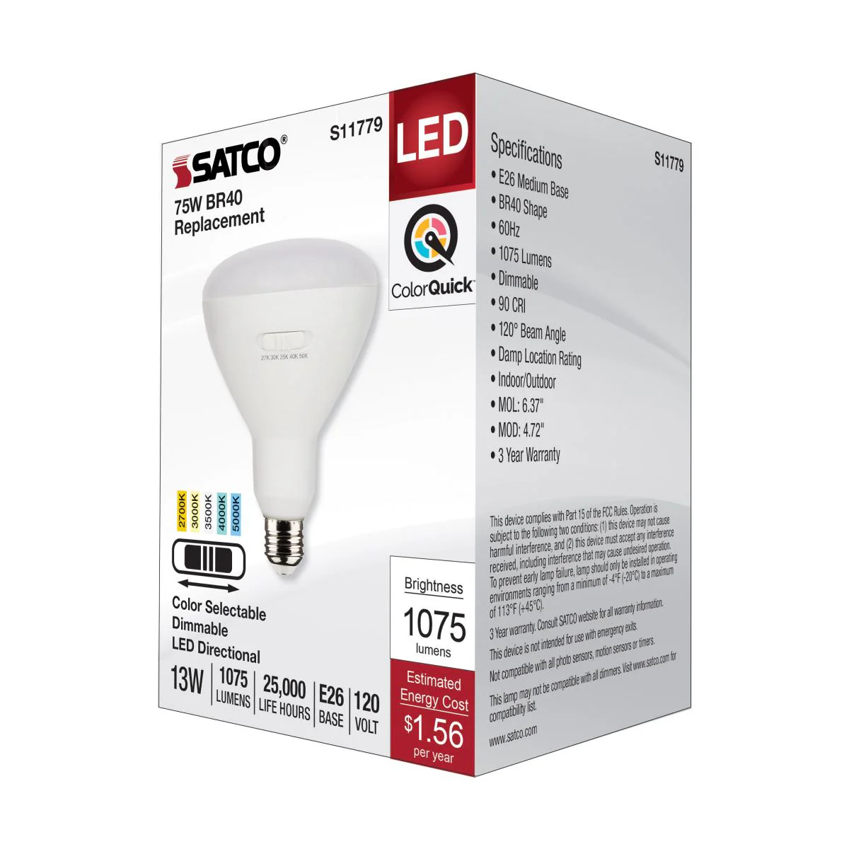 Satco 13w BR40 LED 120v CCT Selectable 90 CRI White Finish Bulb - Image 5