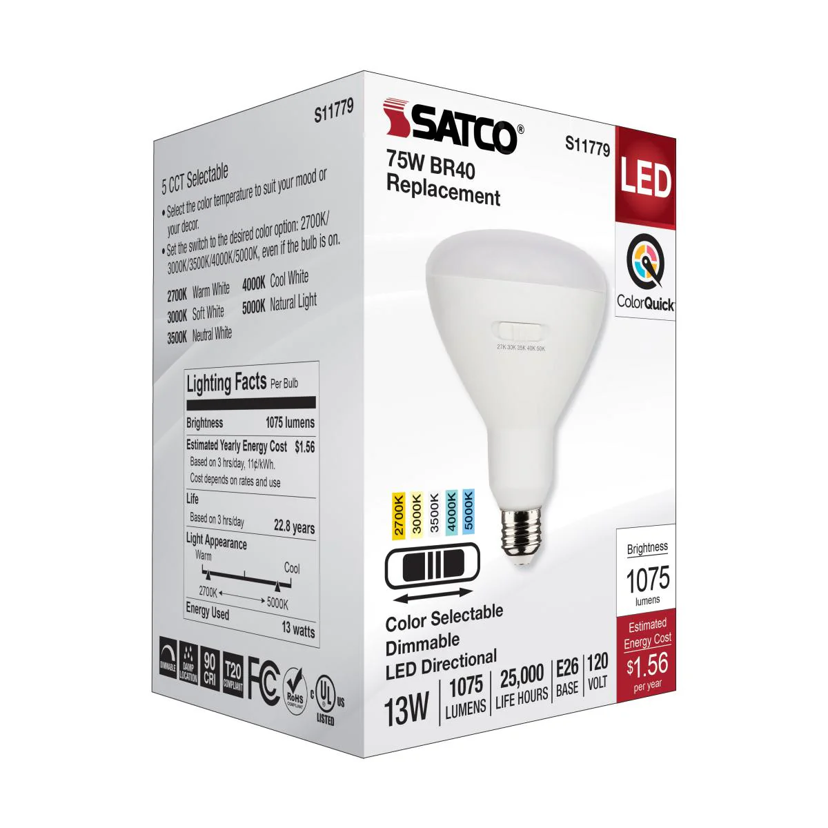 Satco 13w BR40 LED 120v CCT Selectable 90 CRI White Finish Bulb - Image 6